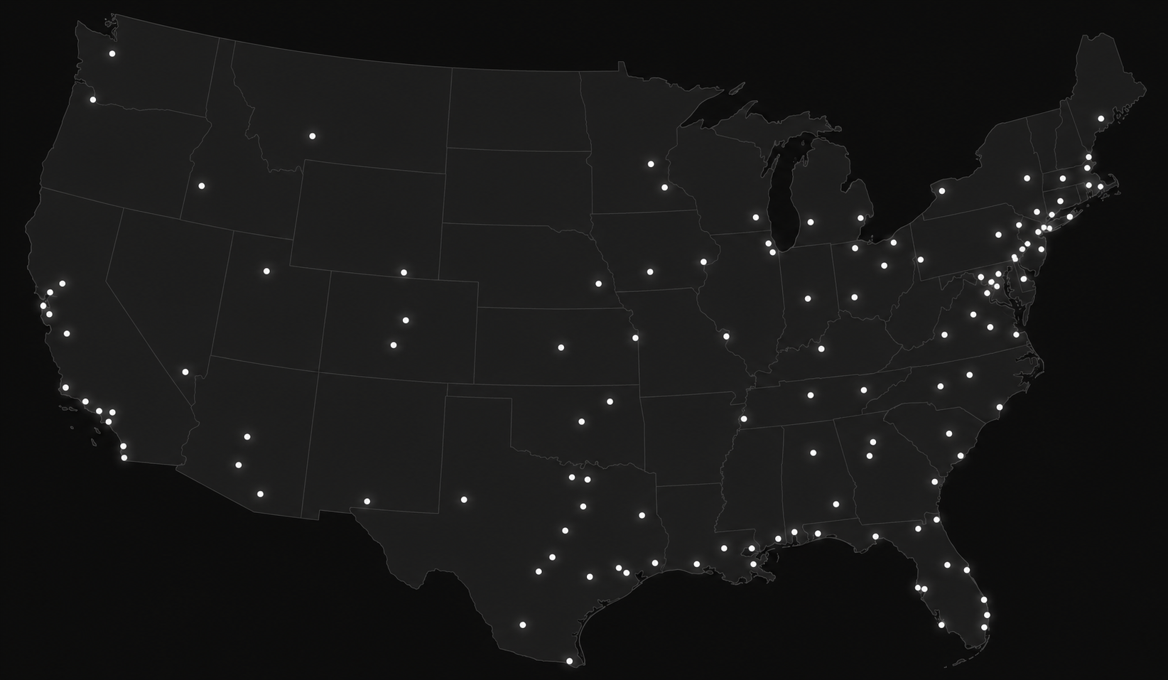 Map of the United States showing Yeager Enterprises territories